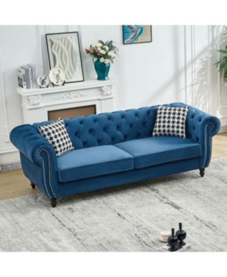 Streamdale 3+3 Seater Blue Velvet Chesterfield Sofa with Roll Armrest & Nailhead