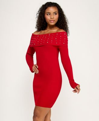 Juniors Off The Shoulder Rhinestone Fitted Sweater Dress
