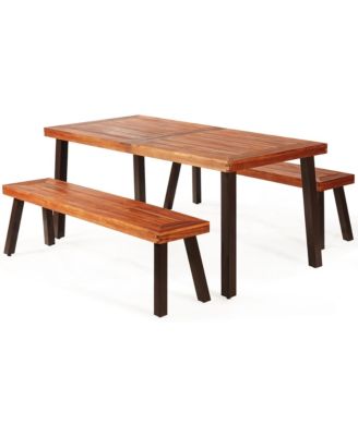 3 Pieces Picnic Table Set Acacia Wood Table Bench with Steel Legs Outdoor Patio