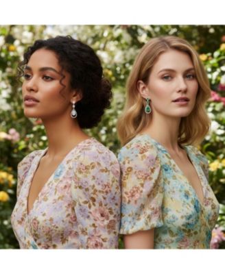 Set of 2 Art Deco Style Clear & Greeen Cubic Zirconia Double Halo Large Teardrop CZ Statement Dangle Chandelier Earrings