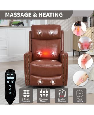 Genuine Leather Heat Massage Manual Recliner Chair with Rocker and Swivel
