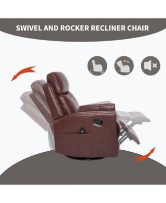 Genuine Leather Heat Massage Manual Recliner Chair with Rocker and Swivel
