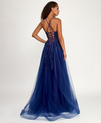 Juniors' Embroidered Appliqu&eacute; Side-Slit Ball Gown, Created for Macy's