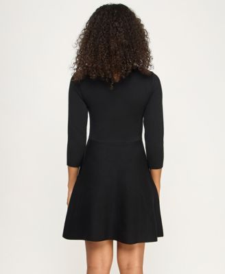 Juniors' 3/4-Sleeve Chain Neck Fit & Flare Sweater Dress