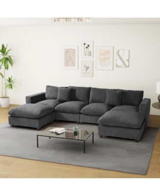 128" Corduroy Modular U-Shaped Sectional Couch and Chaise With USB/Type-C Ports and Side Pockets