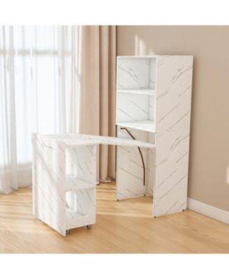 Streamdale Stretchable desk with storage shelves and wheels, foldable, white marble