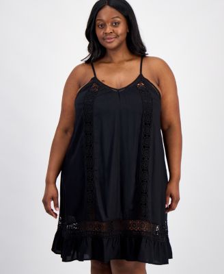 Plus Size Eyelet-Lace Spaghetti Swim Dress