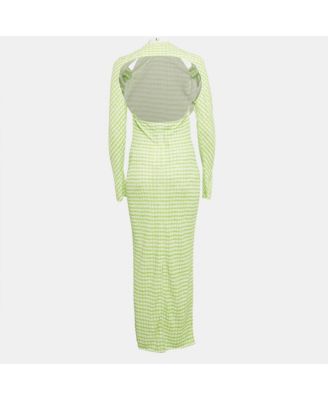 Women's Green Checkered Print Jersey La Robe Nodi Midi Dress