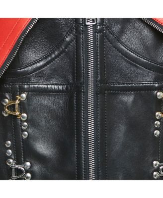 Women's Black/red Leather Zip Front Cold-Shoulder Top