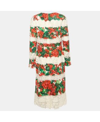 Women's Multicolor Floral Print Crepe Lace Panel Detail Midi Dress