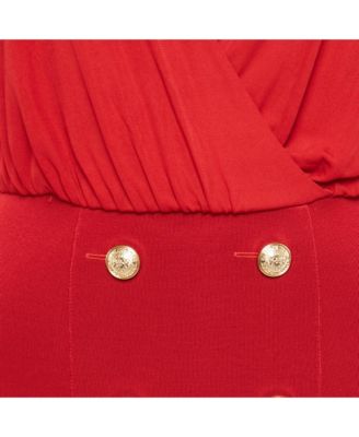 Women's Red Jersey & Knit Plunge Neck Button Detailed Mini Dress