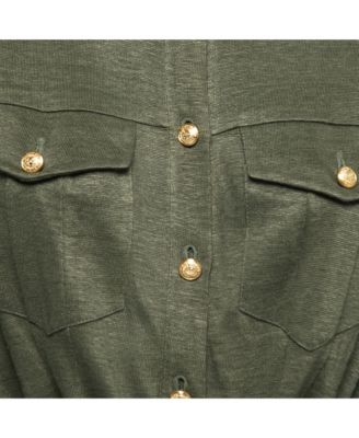 Women's Kaki Green Knit Button-Embellished Belted Mini Dress