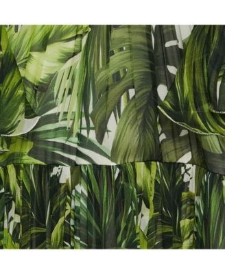 Women's Green Tropical Print Silk Flounce Dress