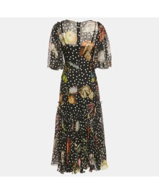 Women's Black Printed Silk Ruffled Asymmetric Long Dress