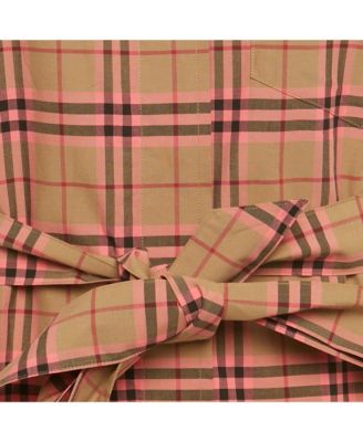 Women's Beige /pink Checkered Print Cotton Short Shirt Dress