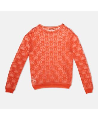 Women's Orange Monogram Patterned Sheer Knit Long Sleeve Top