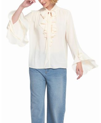 Women's Flounce-Trimmed Tie-Neck Blouse Top