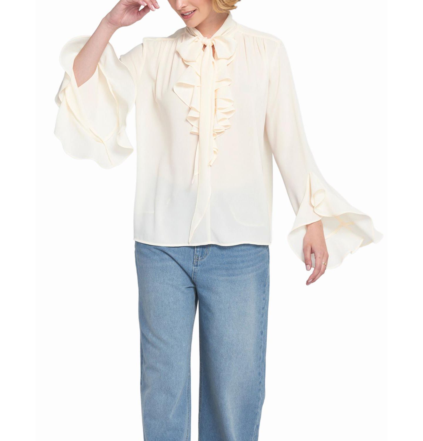 Женская блузка ELLE Collection Flounce-Trimmed Tie-Neck Blouse Top, цвет: Белый — фото 2
