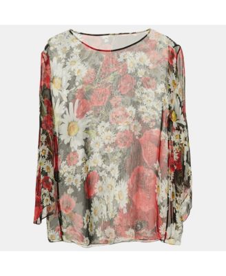 Women's Black Floral Print Silk Sheer Top