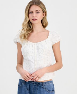 Juniors' Eyelet Short-Sleeve Button-Front Top
