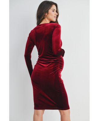 Maternity Long Sleeve V Neck Ruched Velvet Dress - Burgundy - Medium