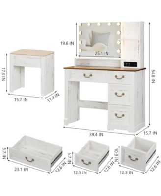 Vanity desk for bedroom with lights, drawers, shelves, stool, and mirror.