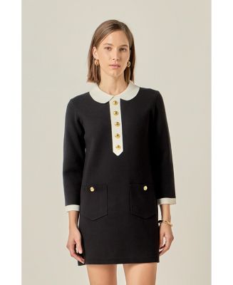 English Factory Women's Collar-Detail Combo Knit Mini Dress - BLACK/OFF White
