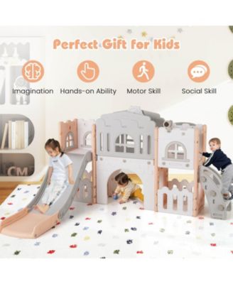 6 in 1 L-shaped Toddle Slide for Toddlers Age 1-3 Baby Slide with Basketball Hoop