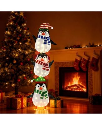 Lighted Penguins Decoration Set of 3 with 156 Warm White Lights Cute Hats & Scarves