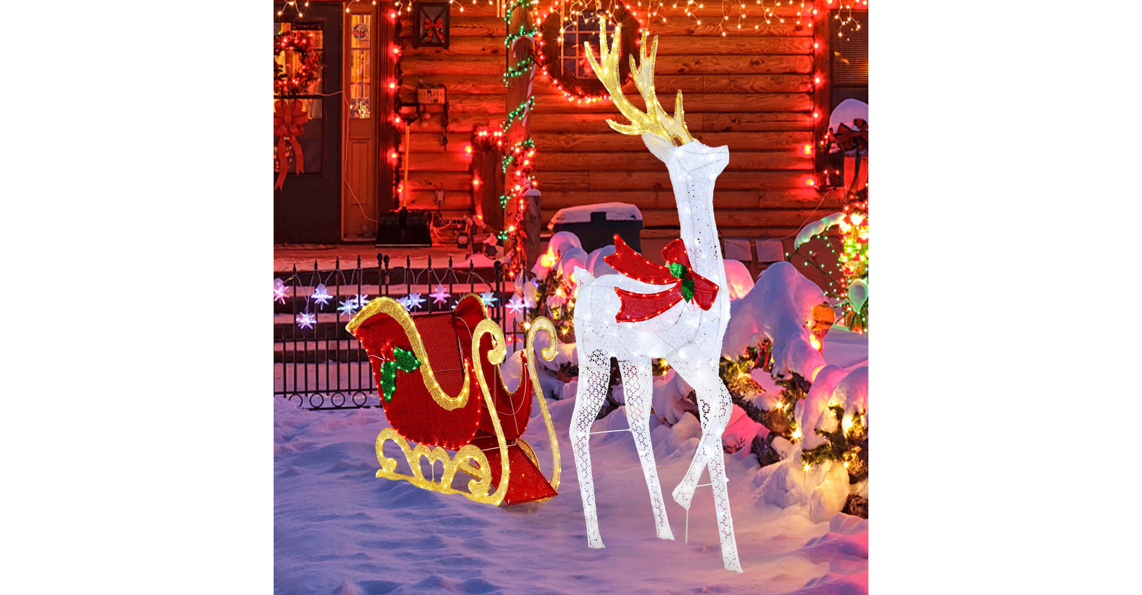 Lighted Christmas Reindeer Sleigh Set Light-up Xmas Decorations with
