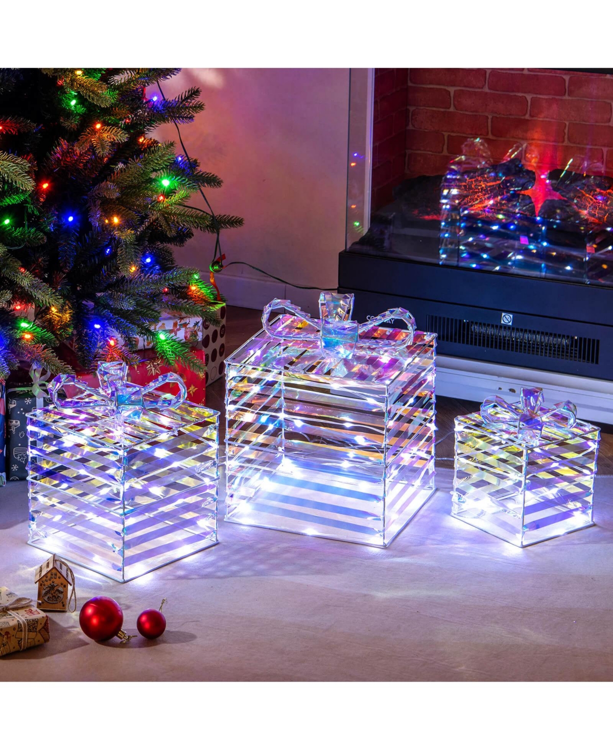 Costway 3 Pcs Christmas Lighted Gift Boxes Pre-lit 90 Led Light Up Present Box Decorations