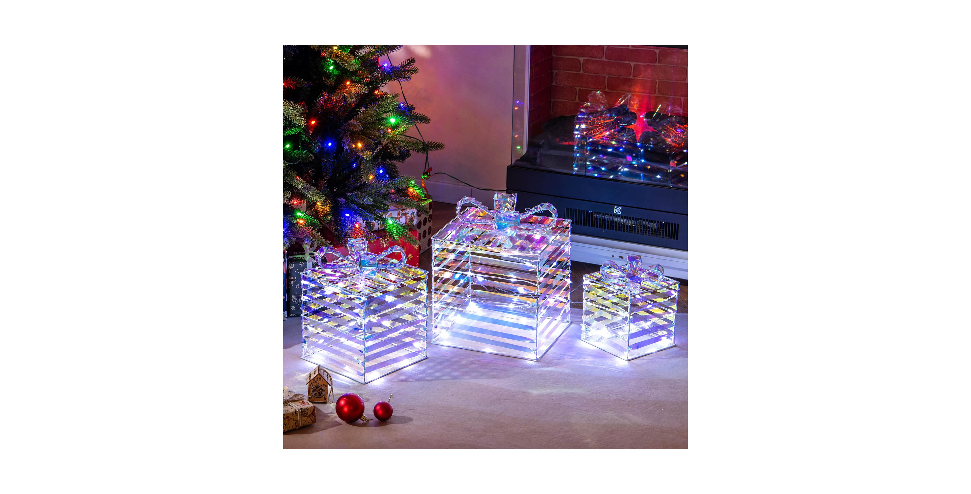 Costway 3 Pcs Christmas Lighted Gift Boxes Pre-lit 90 Led Light Up Present Box Decorations