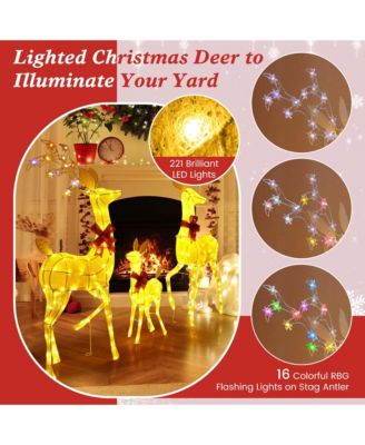 3 PCS Lighted Family Deer Set with LED Lights RGB Flashing Lights 12 Ground Stakes