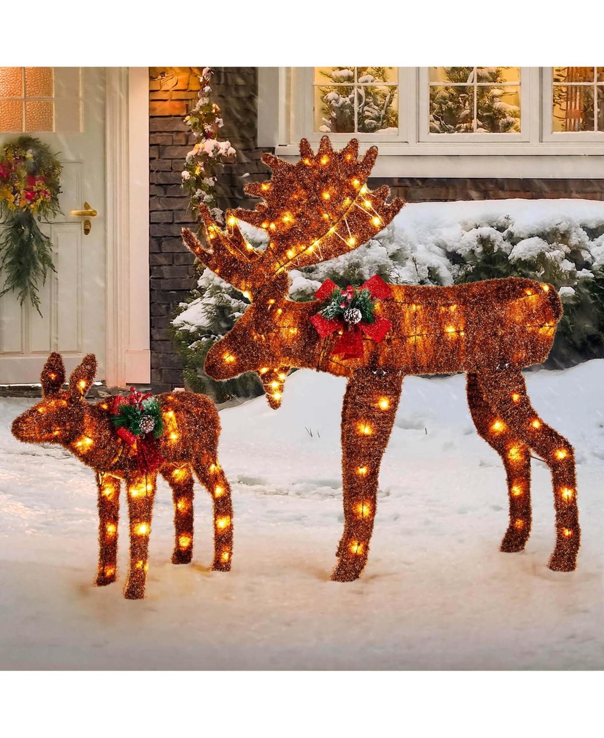 2 Pcs Lighted Moose Family Light-up Xmas Deer Decorations with 170 Led Lights