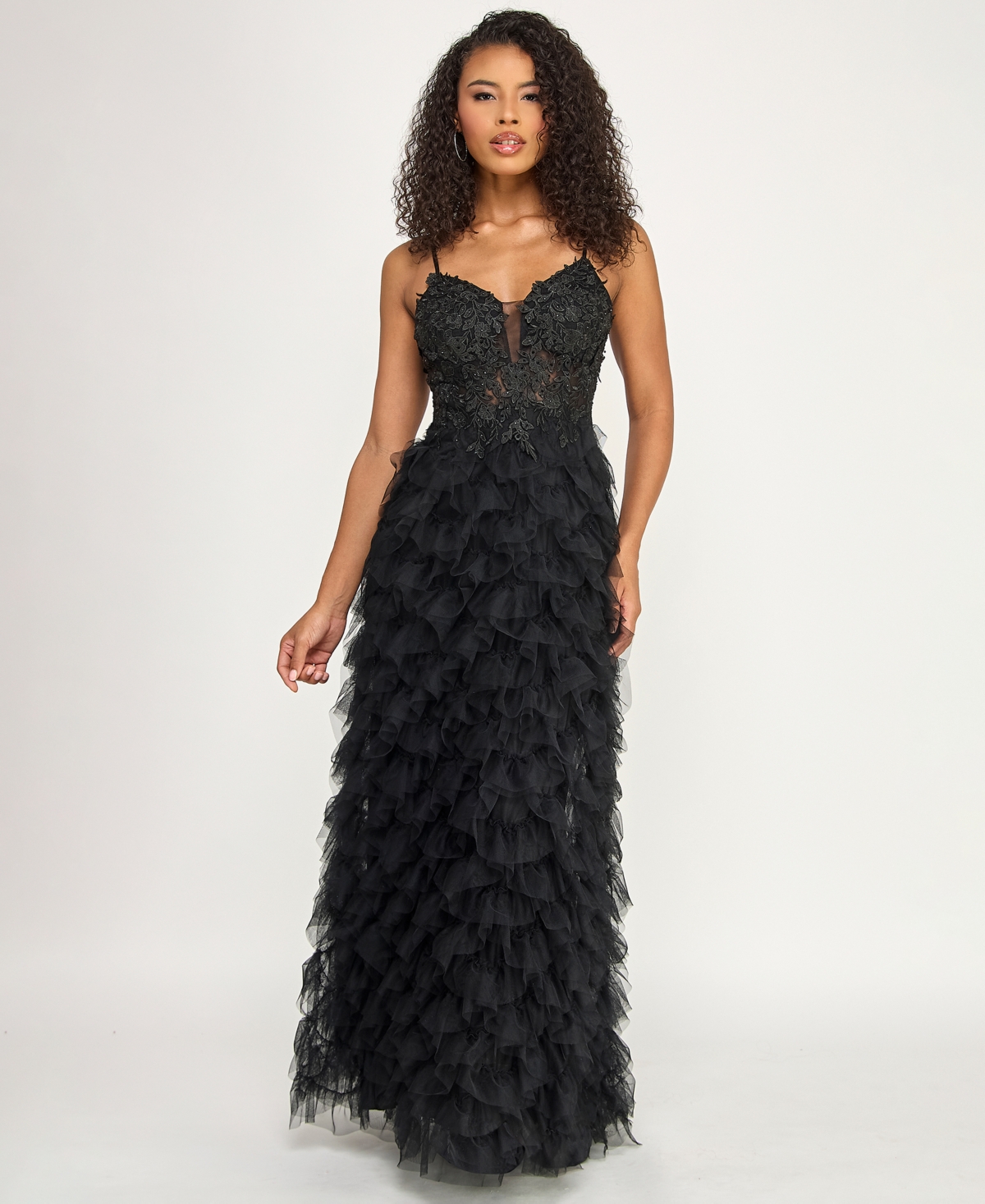 Say Yes Juniors' V-Neck Ruffled Skirt Gown