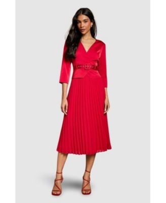 Women's Satin Bodice Pleat Skirt Midi Dress.