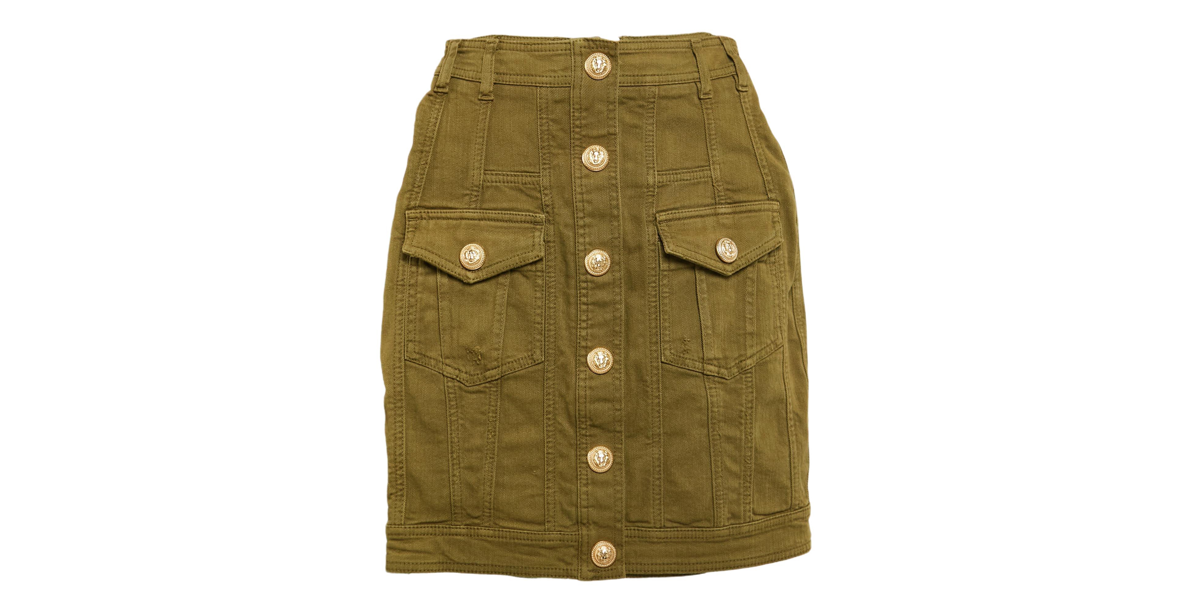 Pre-Owned Balmain Women's Olive Green Distressed Denim Accents Mini Skirt
