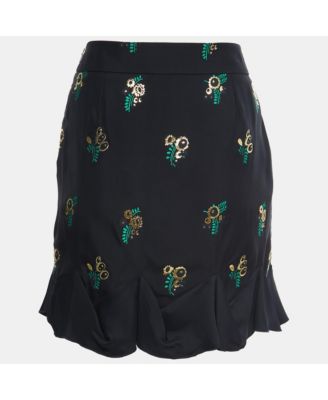 Women's Black Patterned Crepe Ruffle Trimmed Skirt