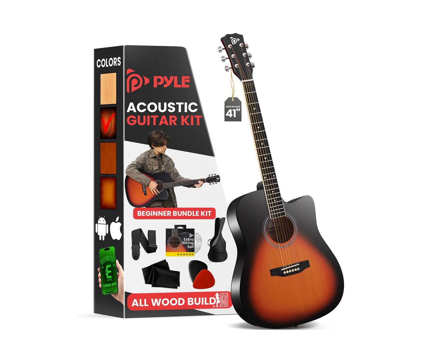 Детские игрушки Pyle Easy Play 41" Cutaway Acoustic Guitar with Digital Tuner, Guitar Kit, Ages 11+, цвет: Коричневый — фото 1