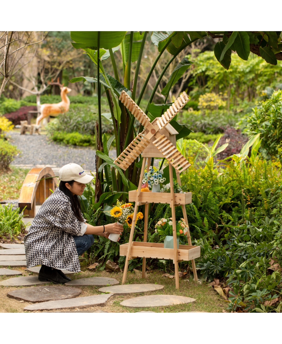 Vintiquewise Rustic Wooden Cart with Windmill Accent, Versatile and Decorative Piece for Home or Garden Decor