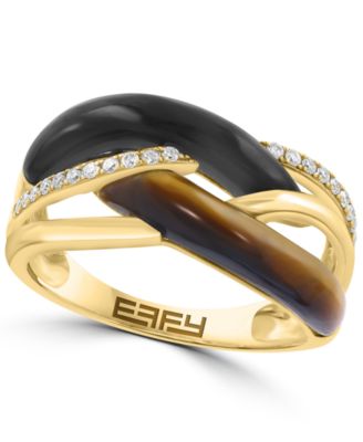 Diamond (1/8 ct. t.w.), Tigers Eye (1-7/8 ct. t.w.) & Onyx Ring in 14k Yellow Gold