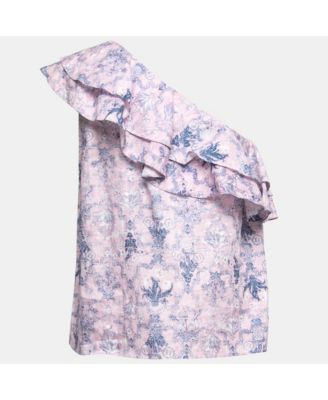 Women's Etoile Pink Printed Linen One-Shoulder Ruffled Top