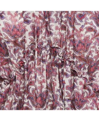 Women's Purple Printed Silk Ruffle Detail Top