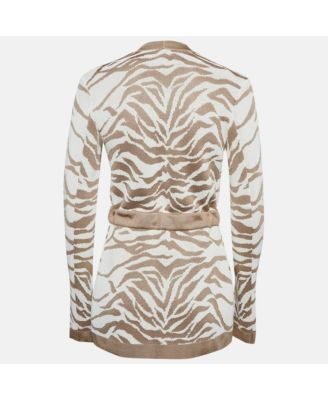 Women's Beige/white Patterned Knit Drawstring Cardigan