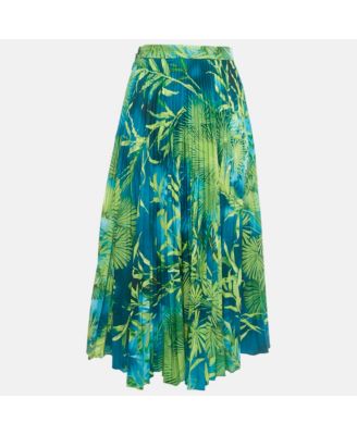 Women's Green Jungle Print Plisse Midi Skirt