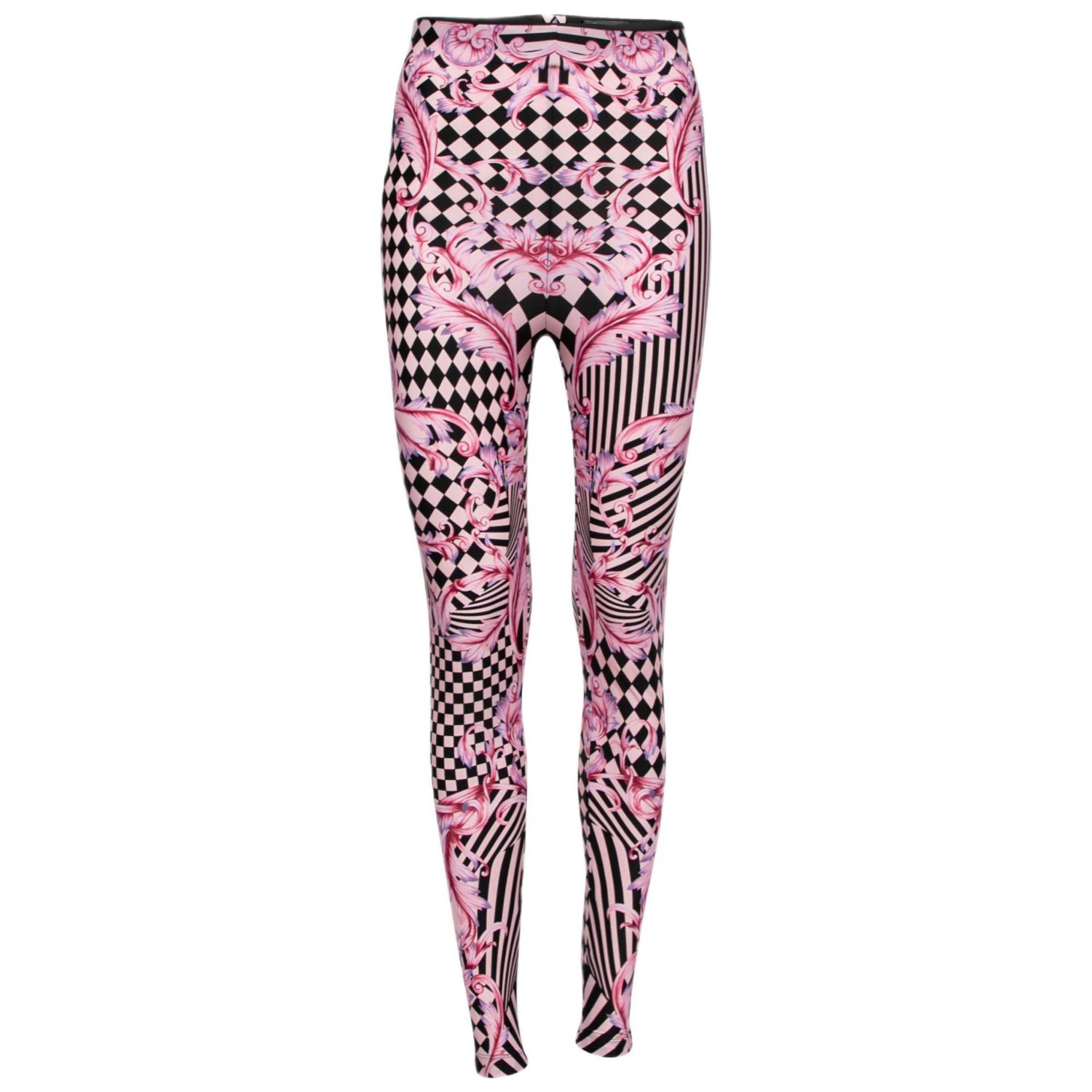 Women's Pink Stretch Knit Striped & Baroque Print Leggings