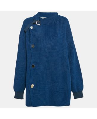 Women's Blue Rib Knit Asymmetrical Button Oversized Sweater