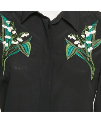 Women's Black Floral Embroidered Silk Long Sleeve Shirt