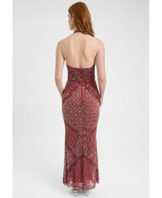 Women's Embellished Sequin Beaded Maxi Dress With Halter Neckline And Deep V-Cut Front
