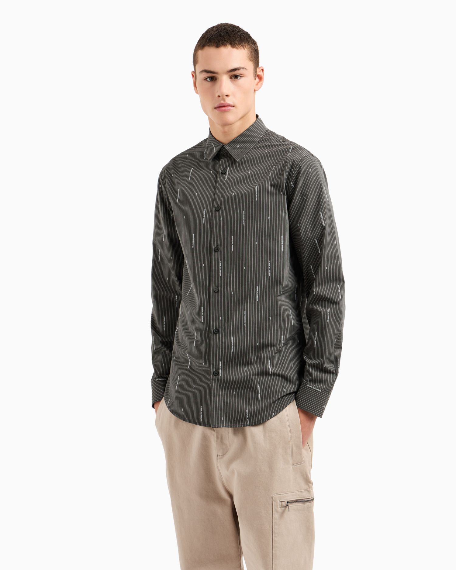 Men's Slim-Fit Striped Logo Print Long Sleeve Button-Front Shirt